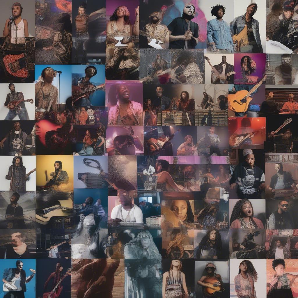 Popular Music Genres of 2023: A collage showcasing the diversity of music genres popular in 2023. It includes images representing pop, hip-hop, R&B, country, electronic dance music (EDM), and rock. Each image depicts artists, instruments, or visual elements associated with the respective genre.