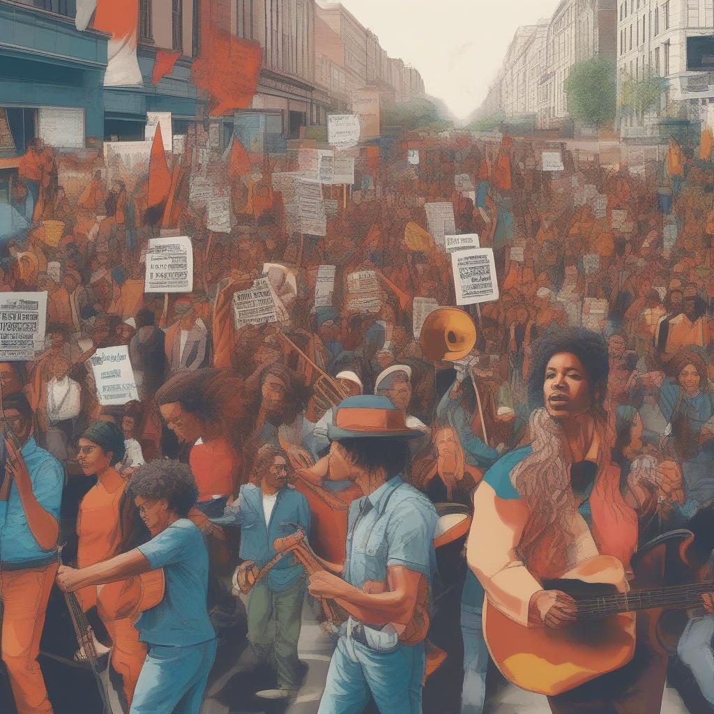 A crowd of people marching with banners and signs, accompanied by musicians.