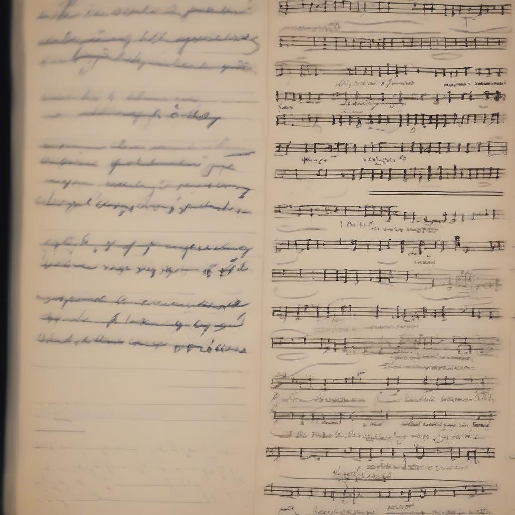 Handwritten lyrics of a protest song in a notebook.