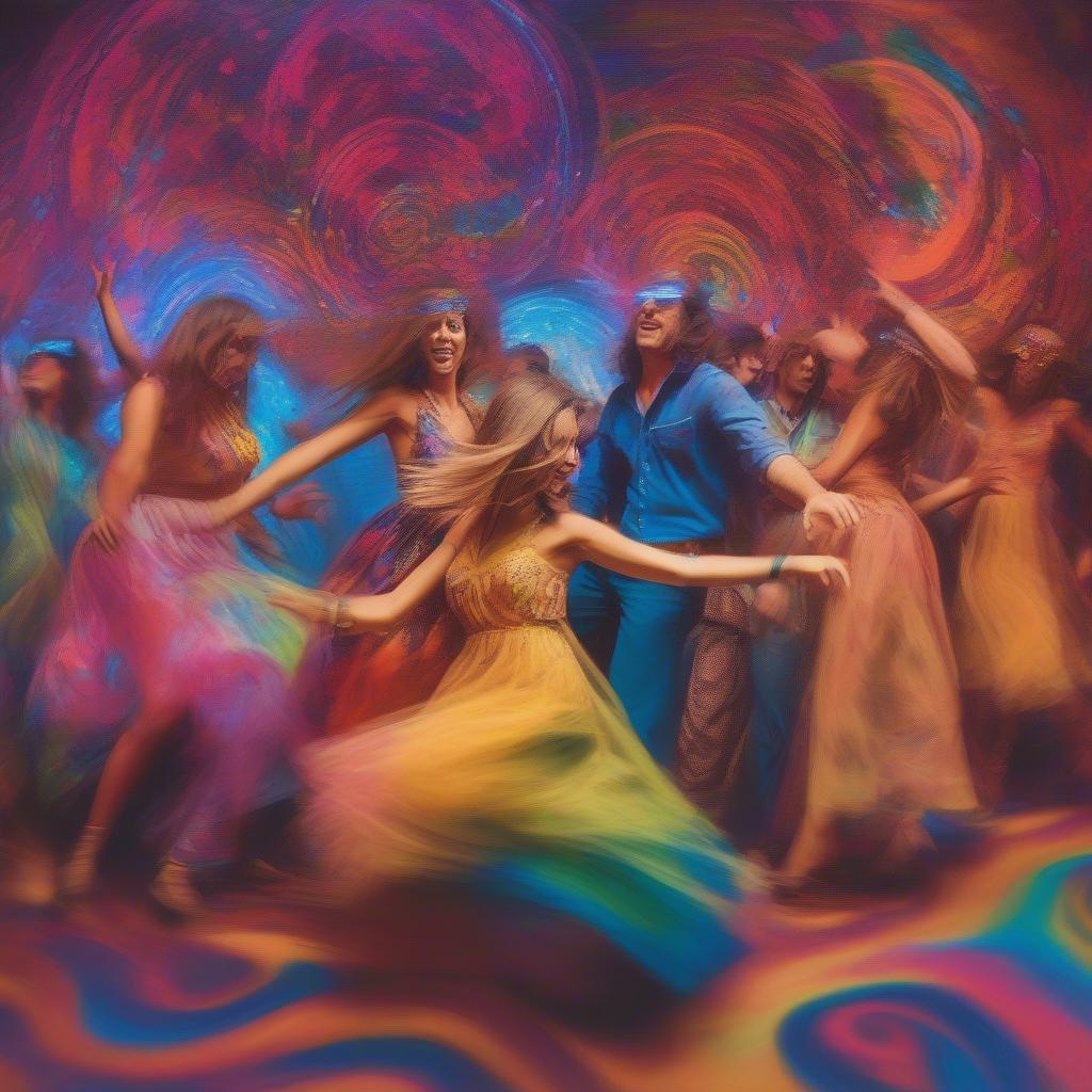 People dancing under a psychedelic lightshow