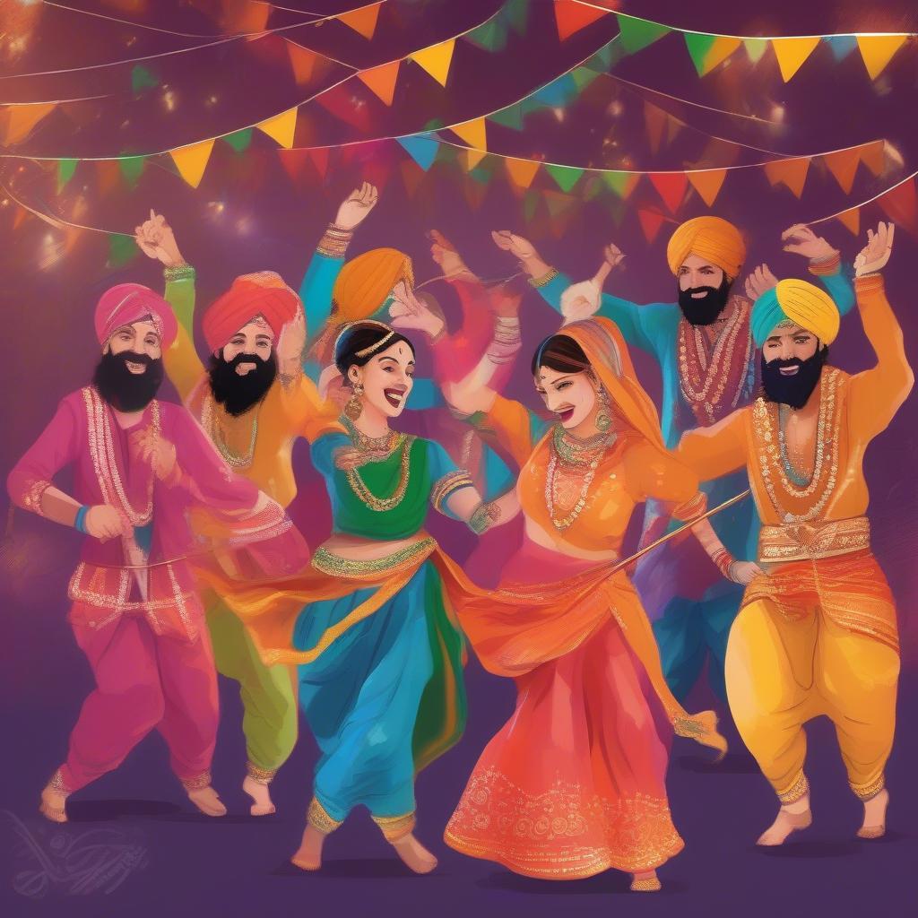 Image of people dancing bhangra at a vibrant cultural celebration, with traditional instruments and attire.