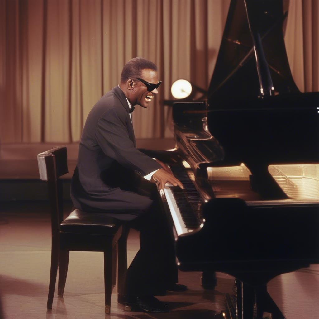 Ray Charles seated at a grand piano, deeply engrossed in playing, his hands gracefully moving across the keys.