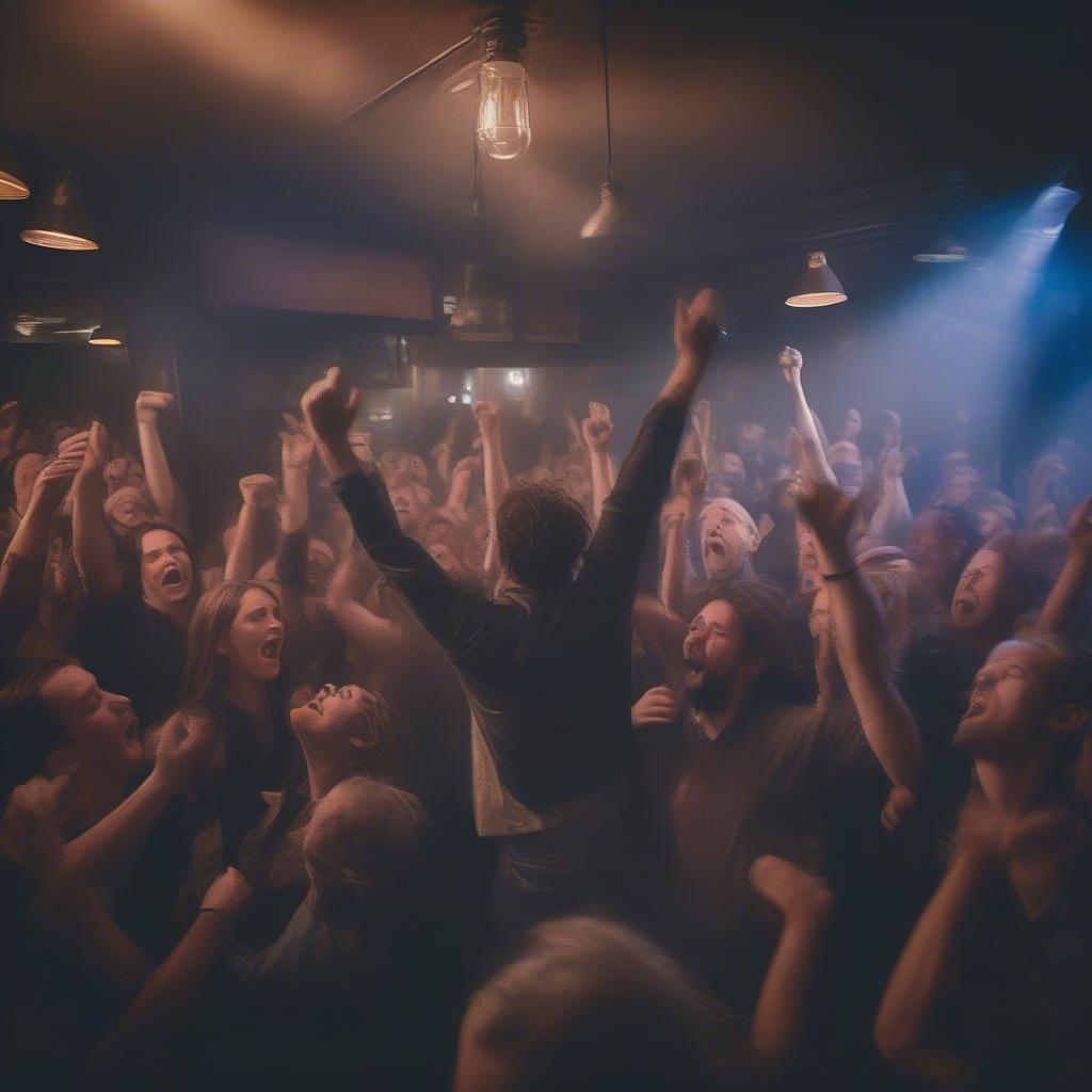 Energetic Crowd Singing Along to a Rock Anthem in a Pub