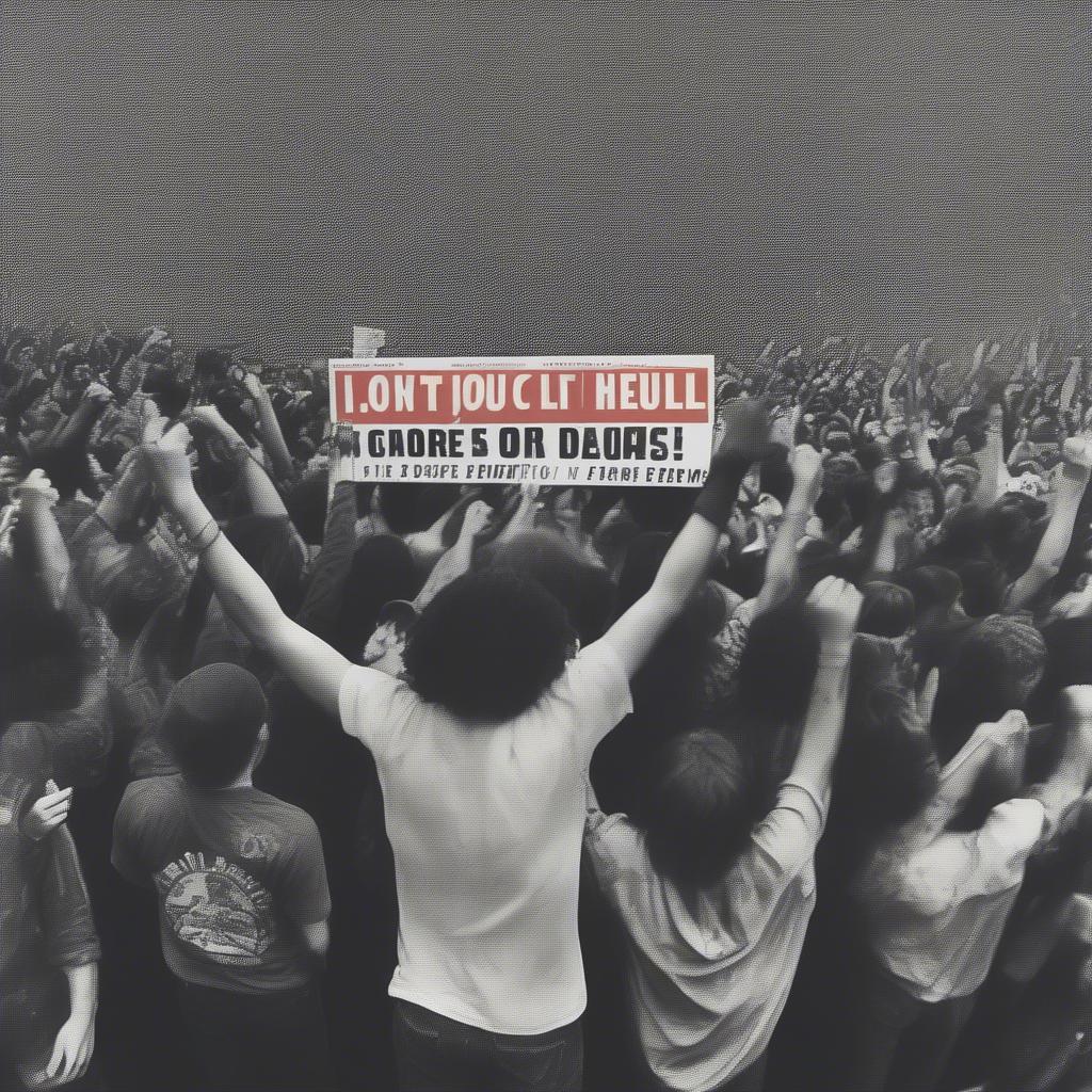 Rock Music & Culture: Images of protest signs, concert crowds raising their fists, and iconic album covers that represent social and cultural change.