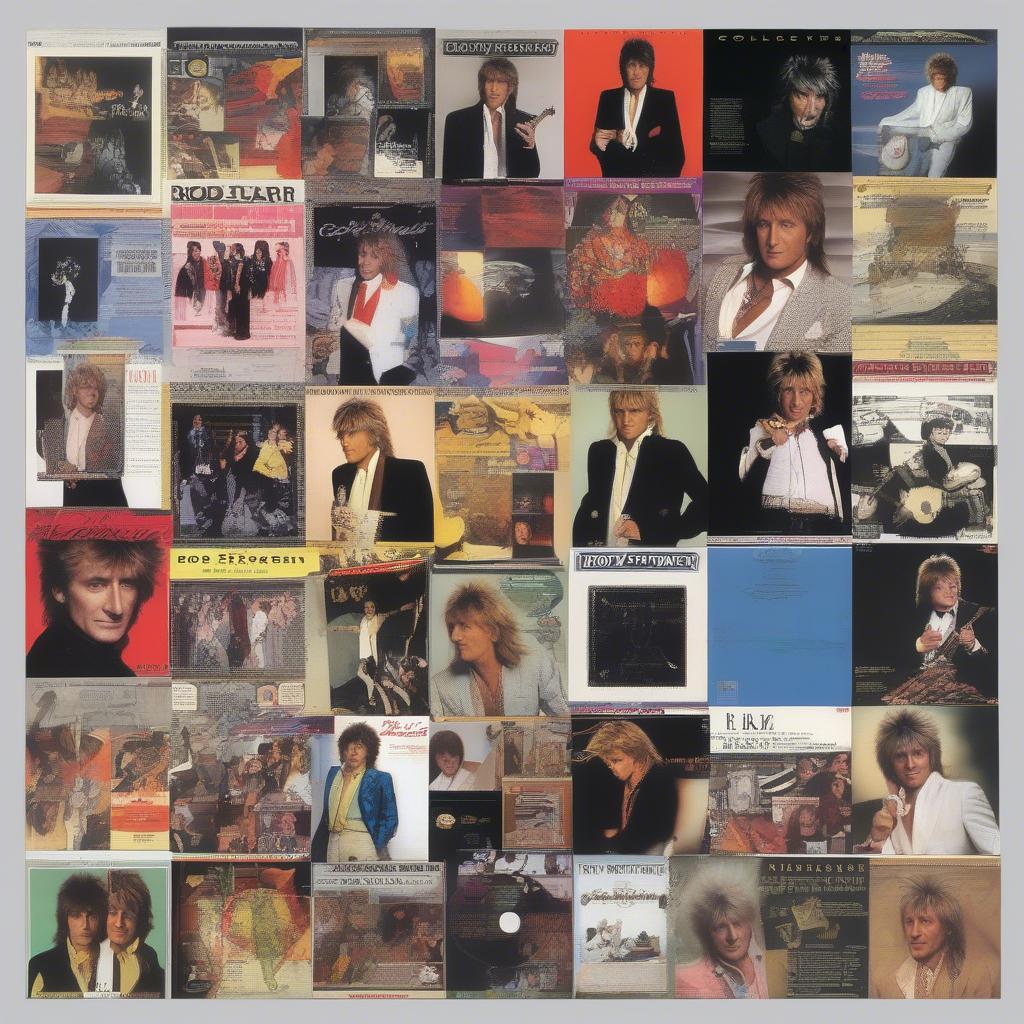 A collage of Rod Stewart's album covers throughout his career