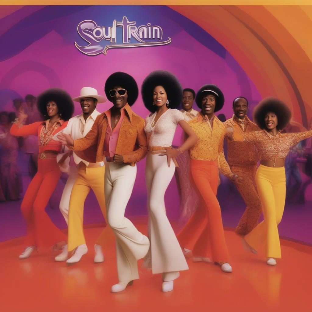 Dancers performing on the Soul Train line, showcasing iconic 70s dance moves.