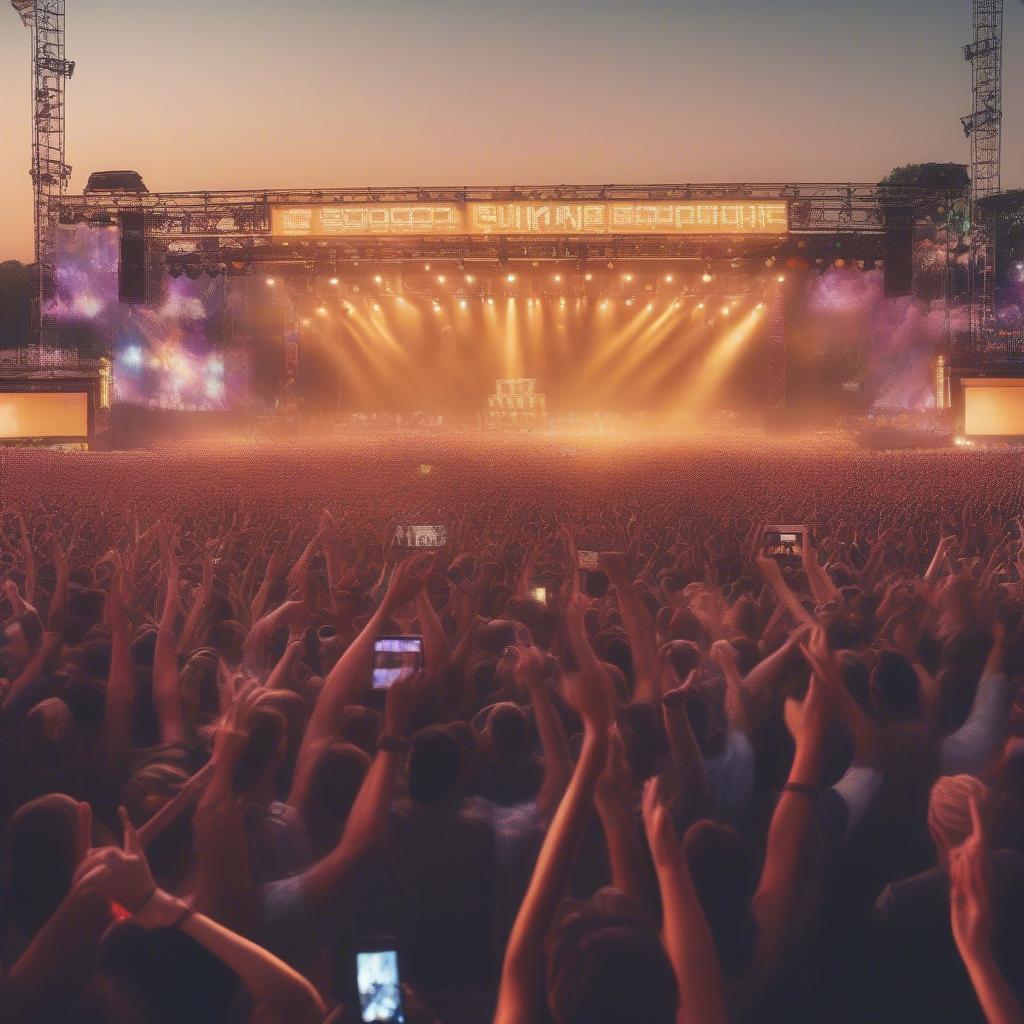 Large crowd enjoying a music festival during the summer.