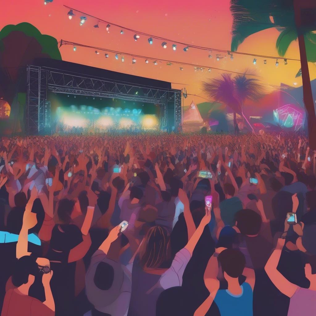 A large crowd cheering and singing along at a summer music festival.