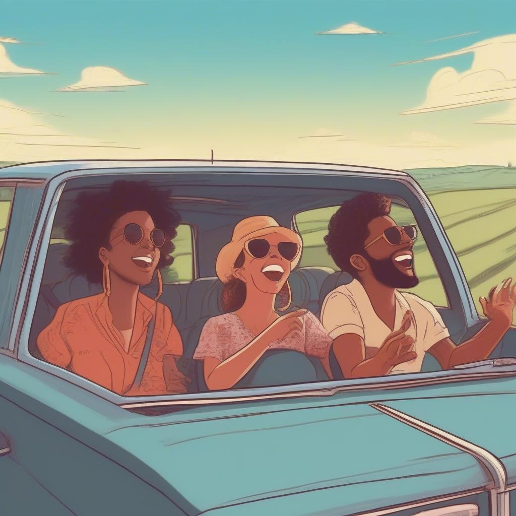 Friends on a road trip listening to music