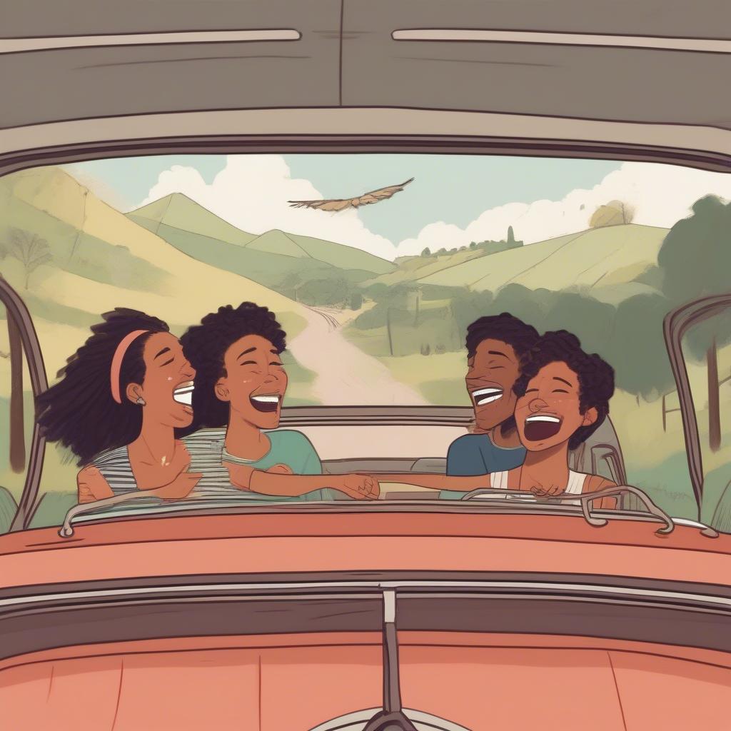 Summer Road Trip: Friends enjoying a road trip with music playing in the car