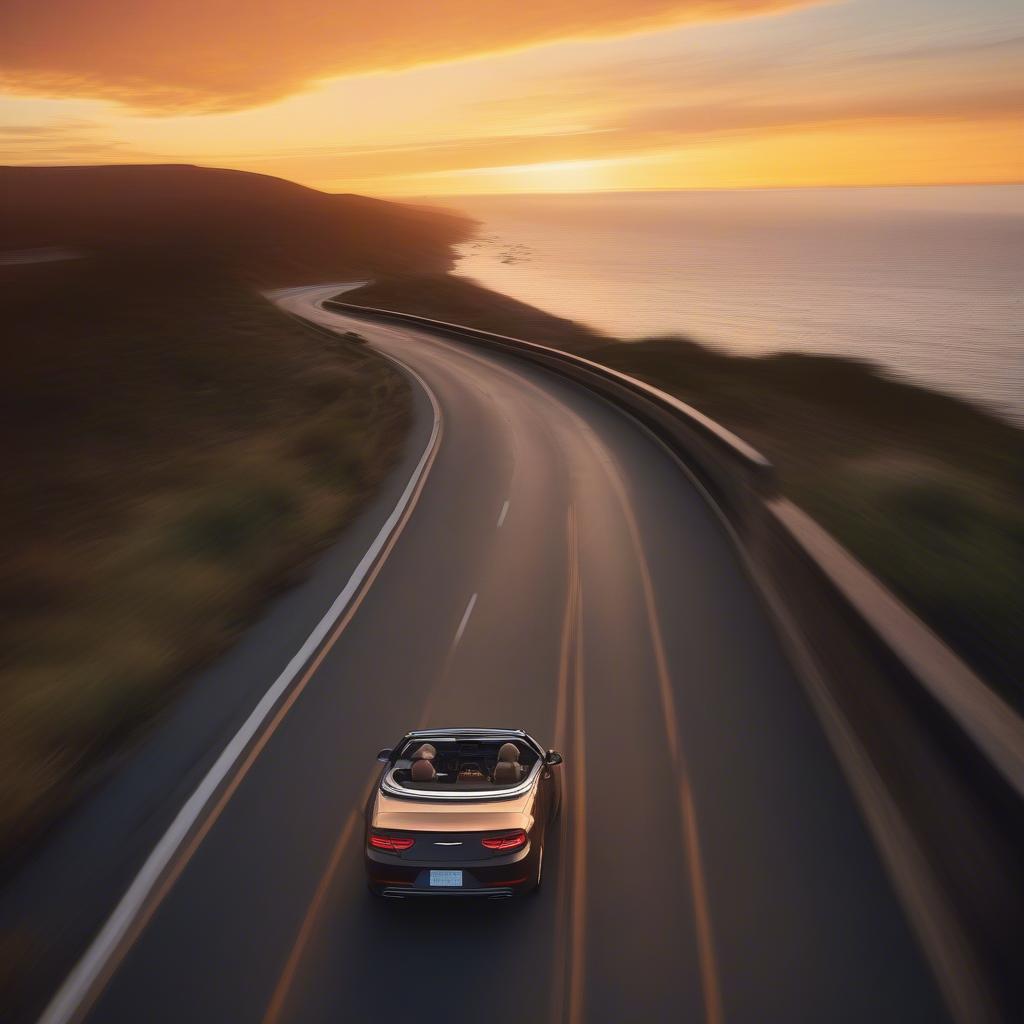 A car driving down a scenic coastal highway with the music playing