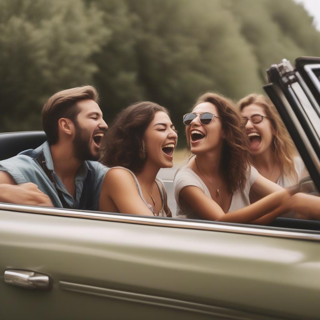 Friends on a road trip listening to summer music