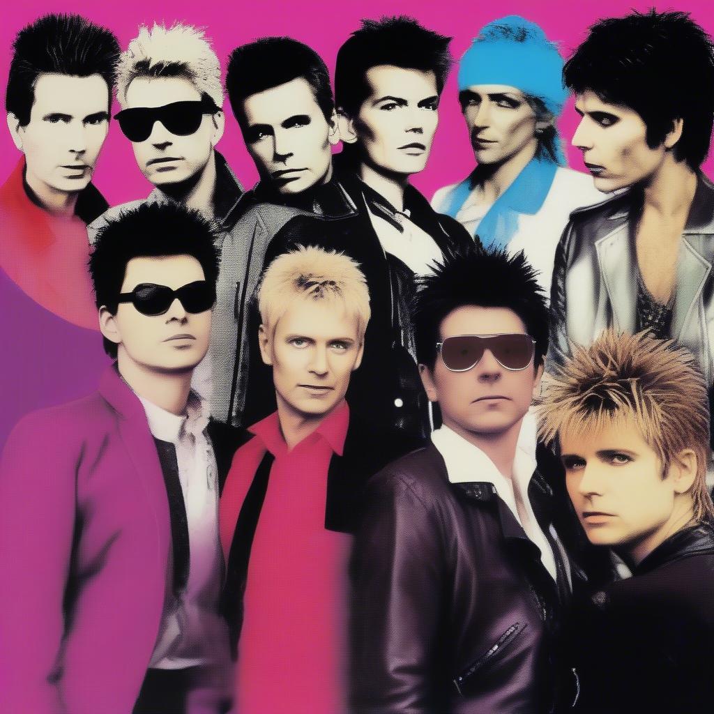 Synthpop and New Wave Icons: A photo montage featuring prominent artists like Duran Duran, Depeche Mode, and The Police, showcasing the distinct fashion and style associated with these genres.