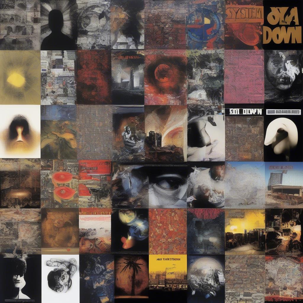 A collage of System of a Down album covers, showcasing their distinct visual style and artistic evolution throughout their career.