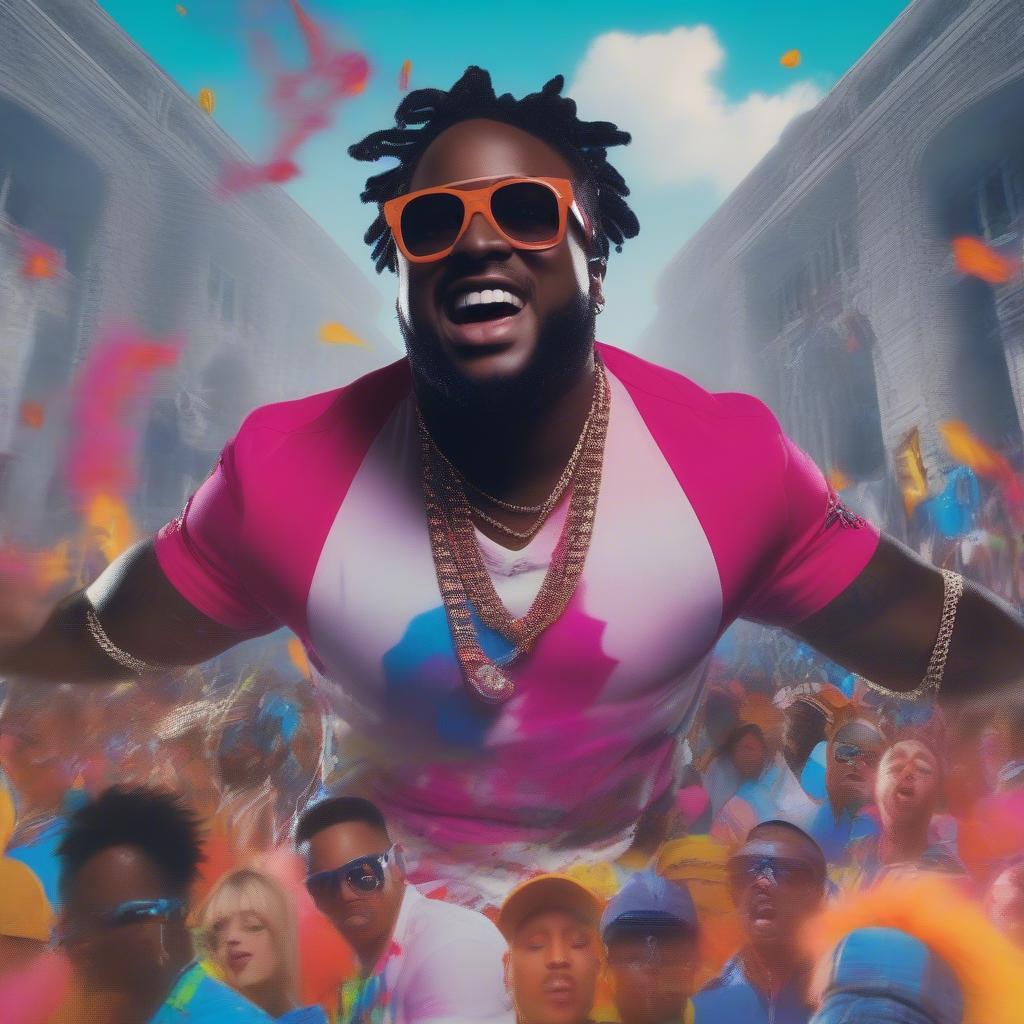 T-Pain in a music video, surrounded by dancers and special effects.