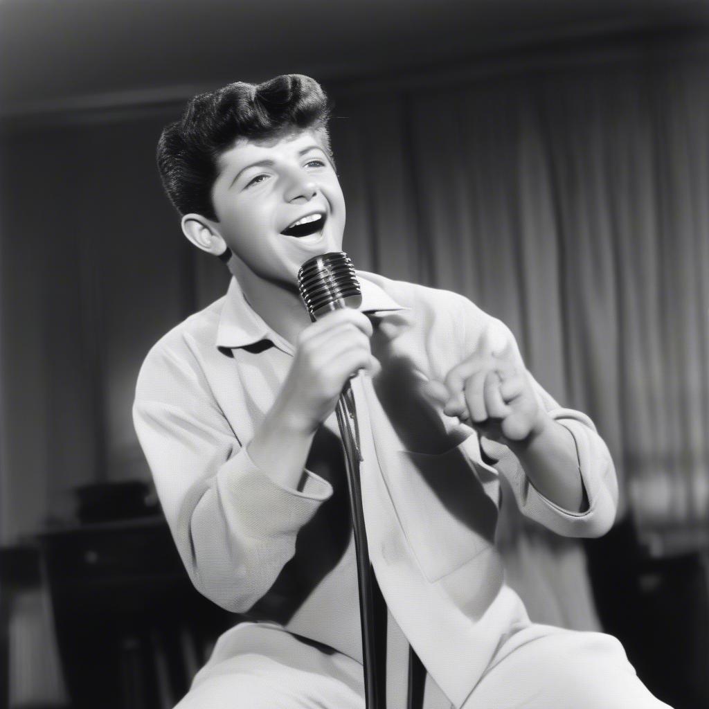 Frankie Avalon Singing into a Microphone