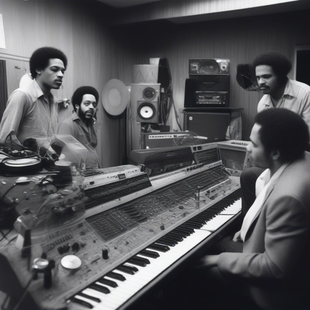 The Meters during a recording session, capturing the creative process behind their iconic funk sound