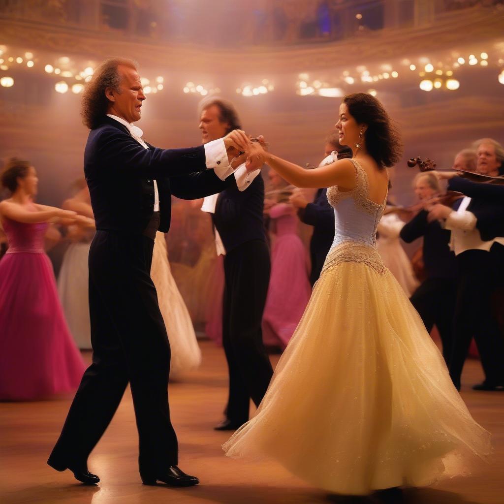 Andre Rieu's orchestra performing "The Second Waltz" with couples waltzing on the stage in elegant attire.