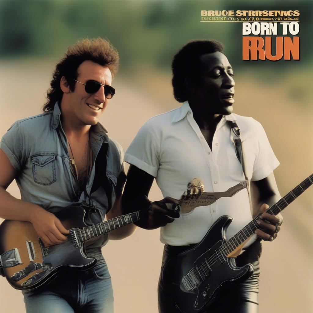 The iconic album cover of "Born to Run" featuring Bruce Springsteen leaning on Clarence Clemons.