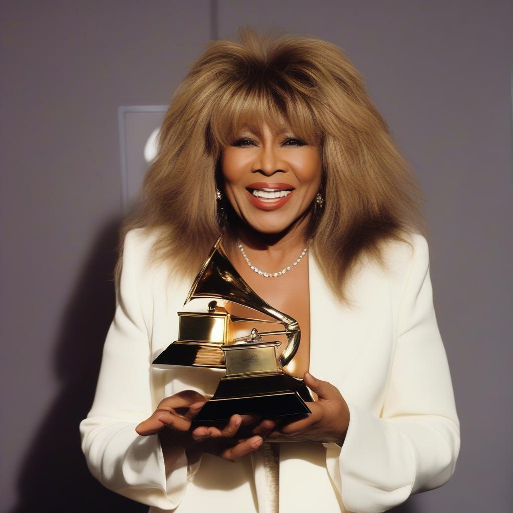 Tina Turner holding her Grammy awards