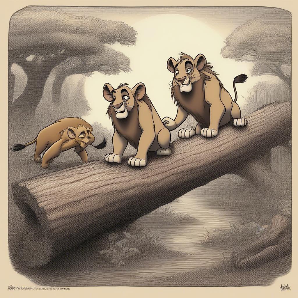 Timon, Pumbaa, and Simba embrace the Hakuna Matata lifestyle.