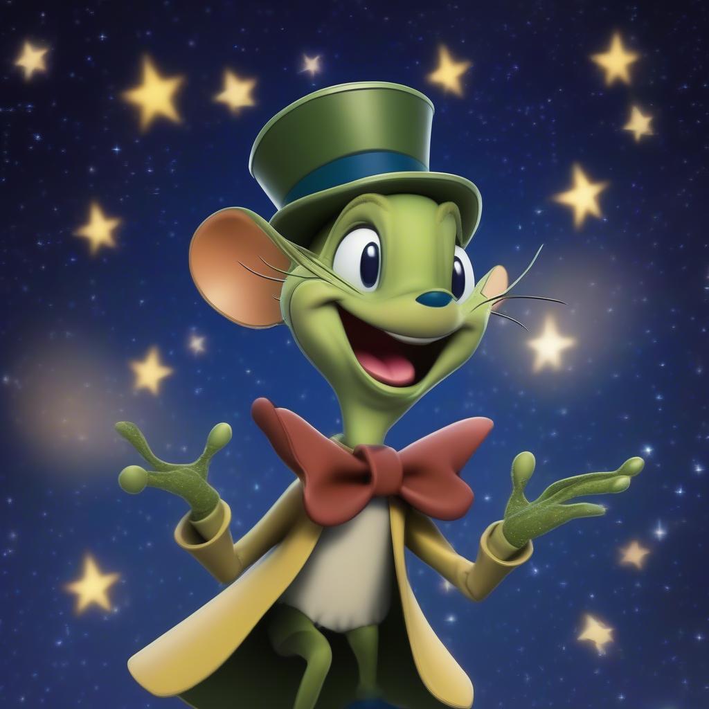 Jiminy Cricket sings "When You Wish Upon a Star" with a starry backdrop.