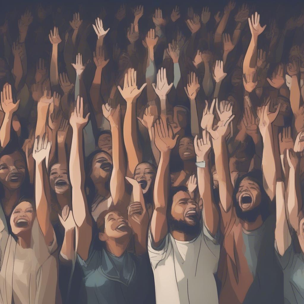 People worshipping with hands raised in 2003