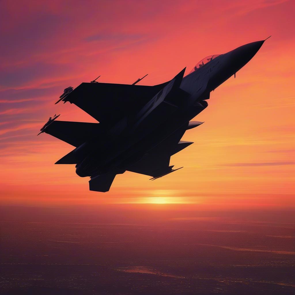 Silhouetted F-14 Tomcat flying at sunset