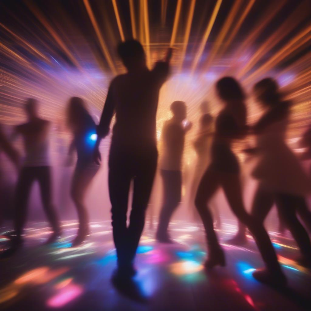 Crowded Dance Floor: People dancing enthusiastically at a nightclub with flashing lights and a DJ.