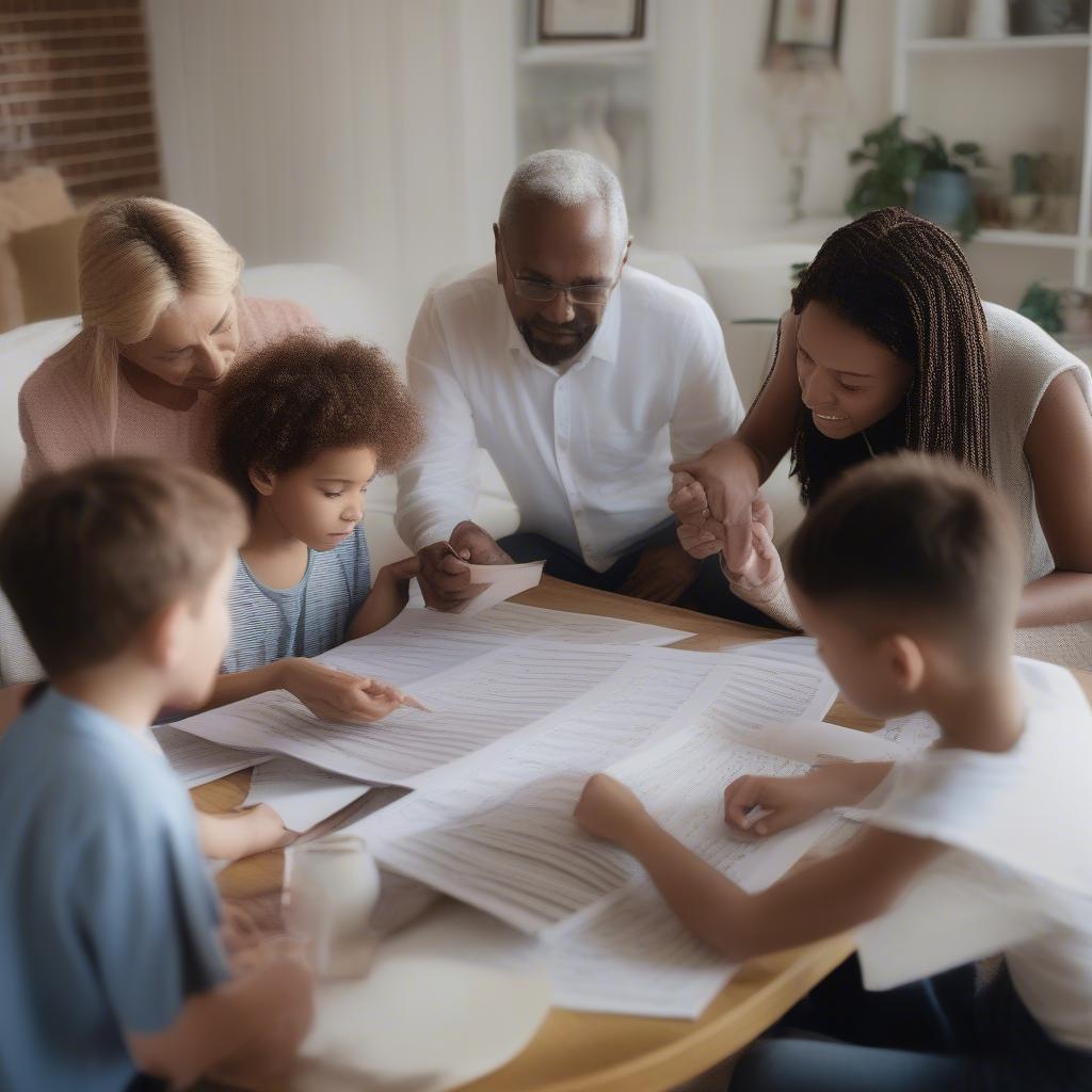 Family members looking at music charts together