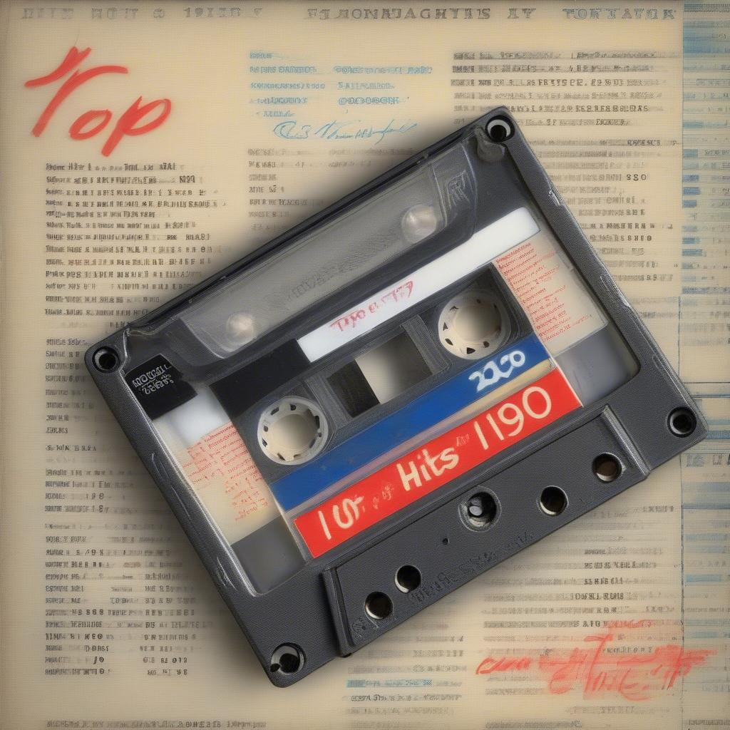 Top Songs of 1990: A vintage cassette tape with a label listing some of the top 20 hits from 1990, evoking nostalgia for the era's music format.