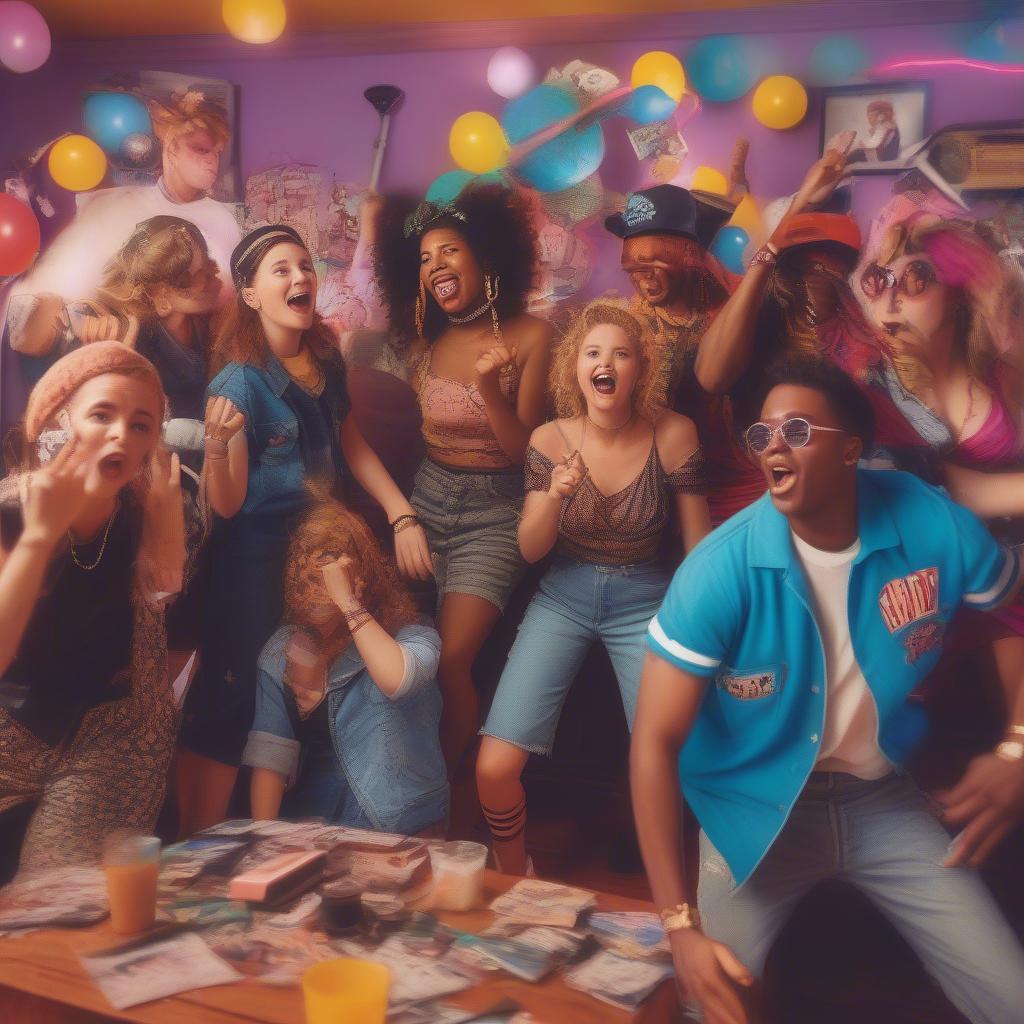 Group of friends enjoying a 90s themed party