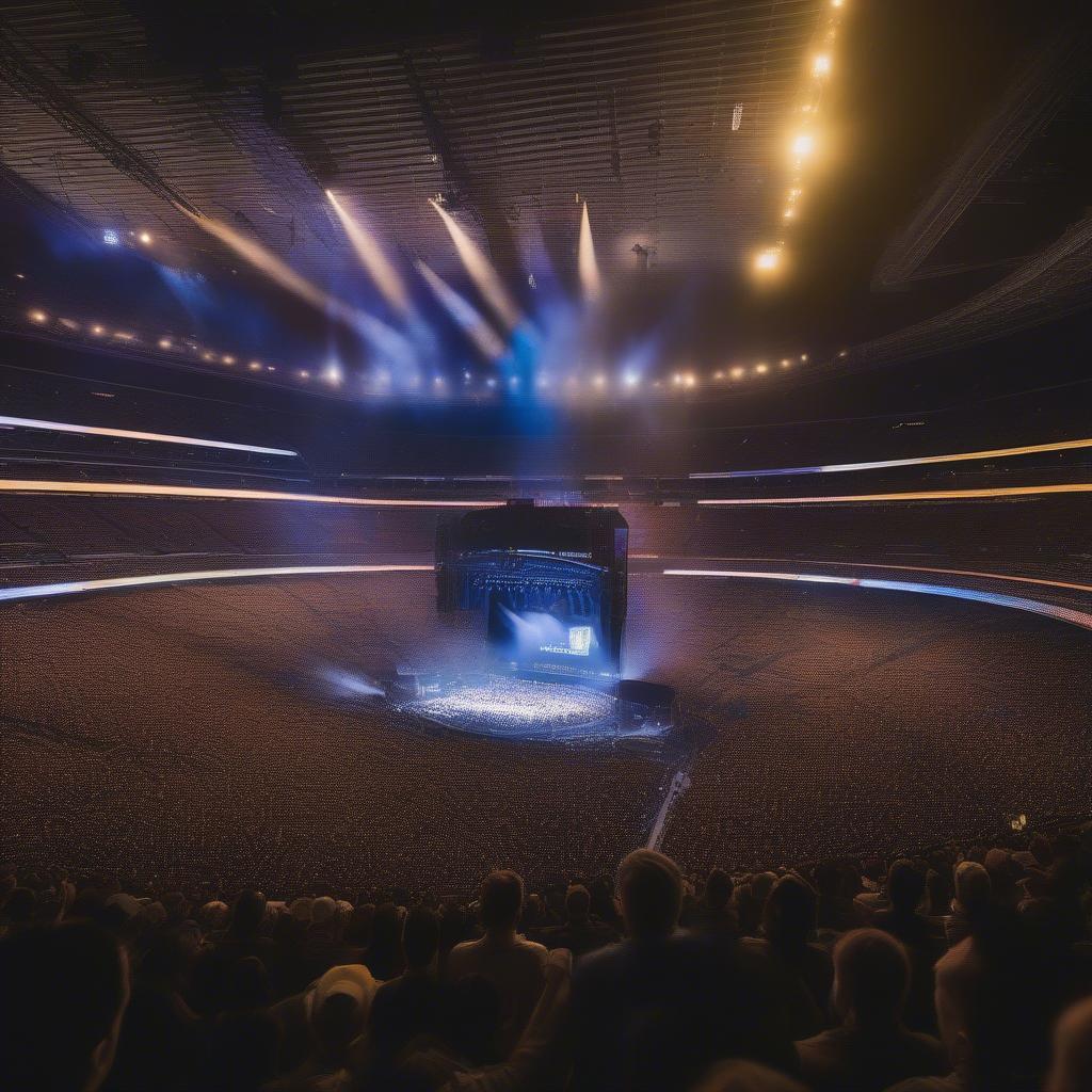 Garth Brooks performing in a packed stadium, fans cheering