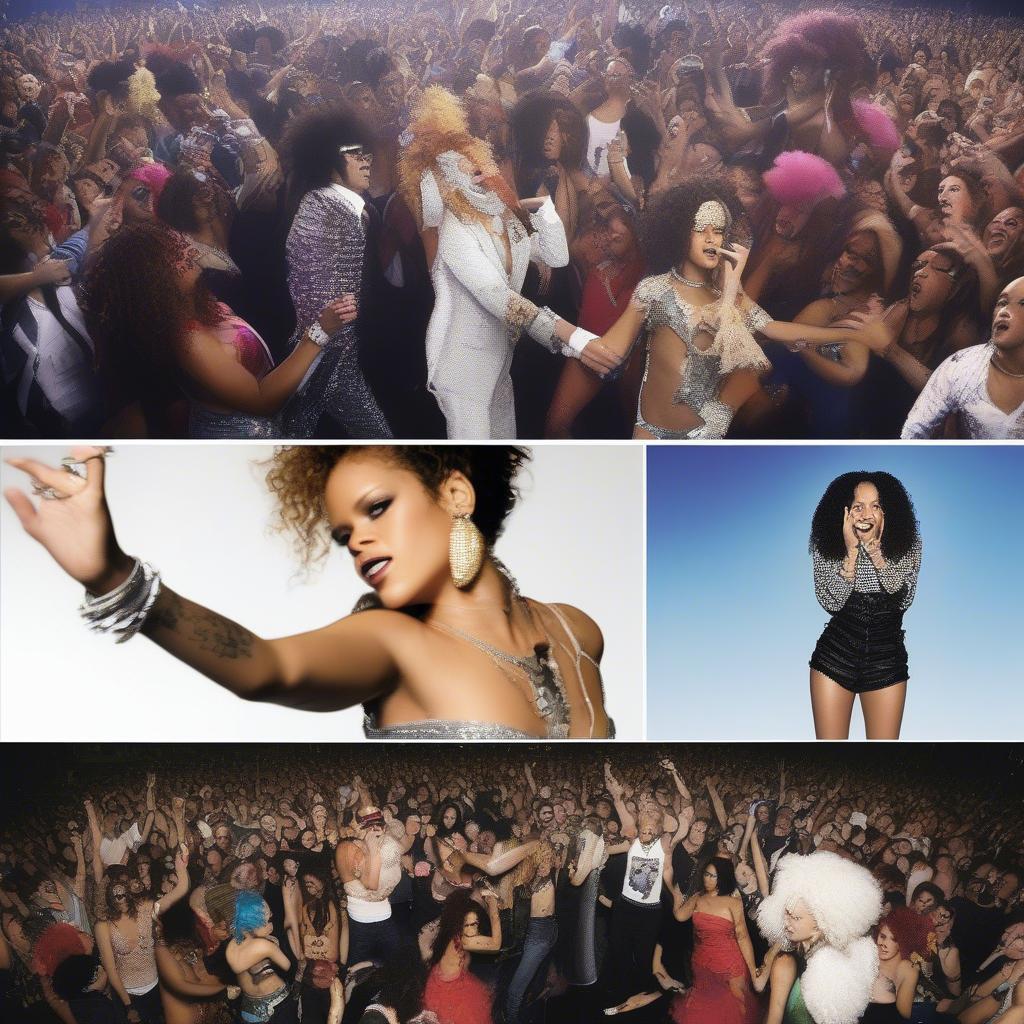 Rihanna's We Found Love album cover and LMFAO performing Party Rock Anthem.