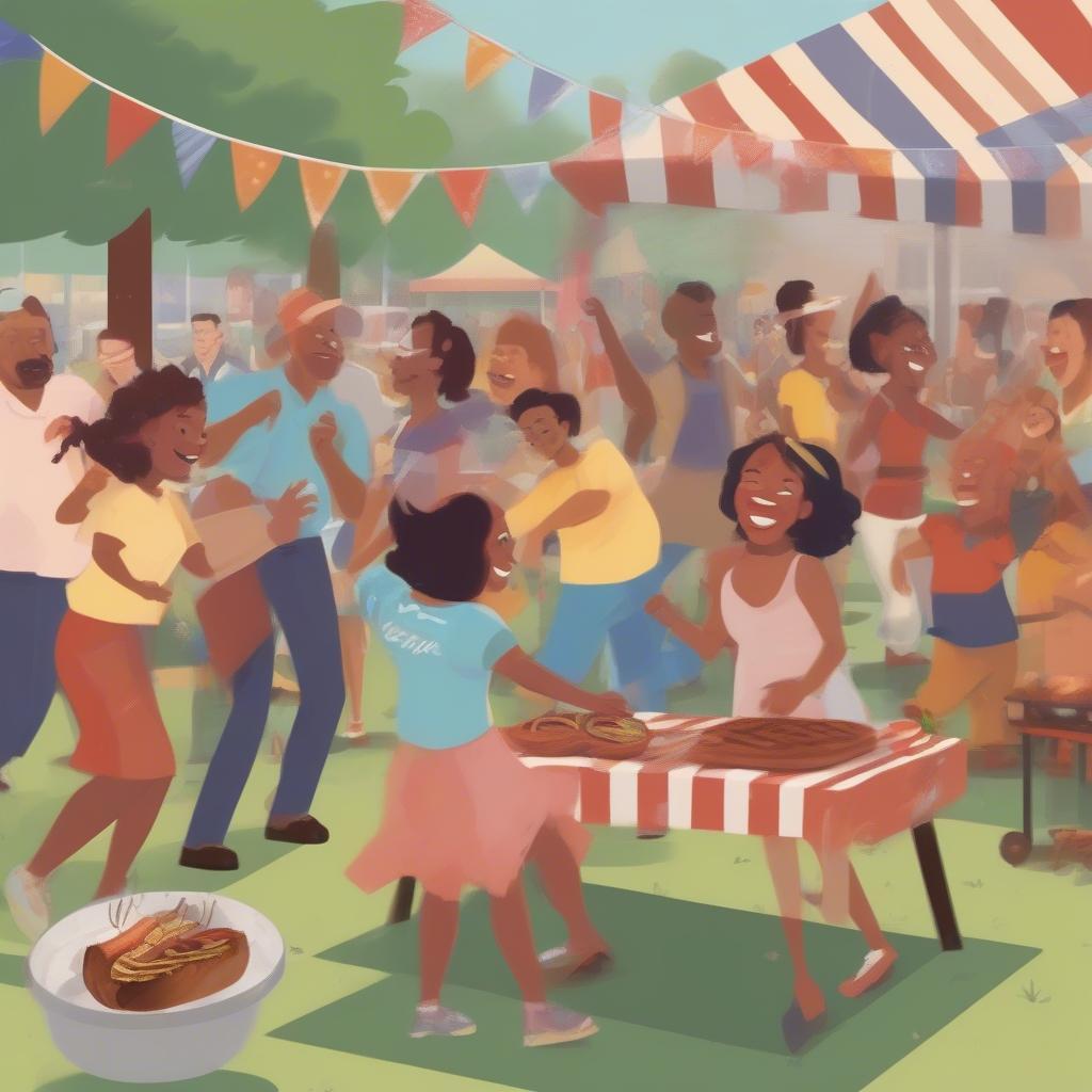 Upbeat Labor Day Party Tunes - Image depicting a lively backyard barbecue scene with people dancing and enjoying music.