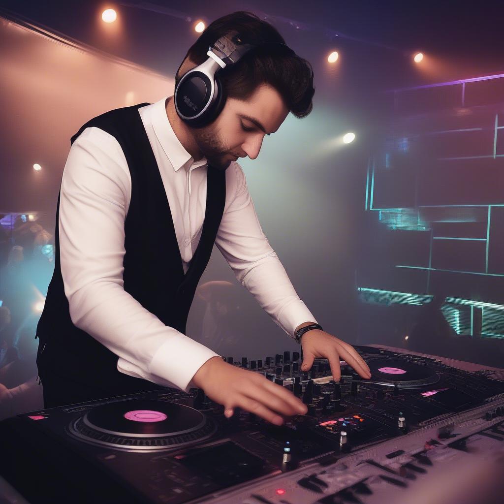 A DJ with headphones and a mixing console at a wedding reception