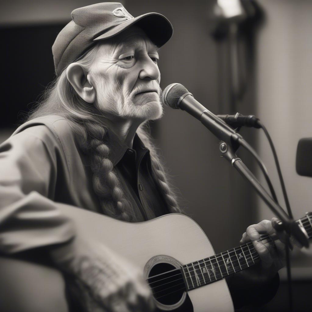 Willie Nelson recording in a studio