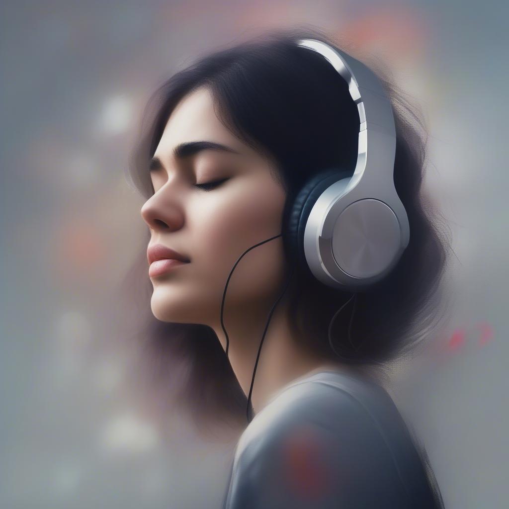 A woman listening to music with headphones on, a wistful expression on her face