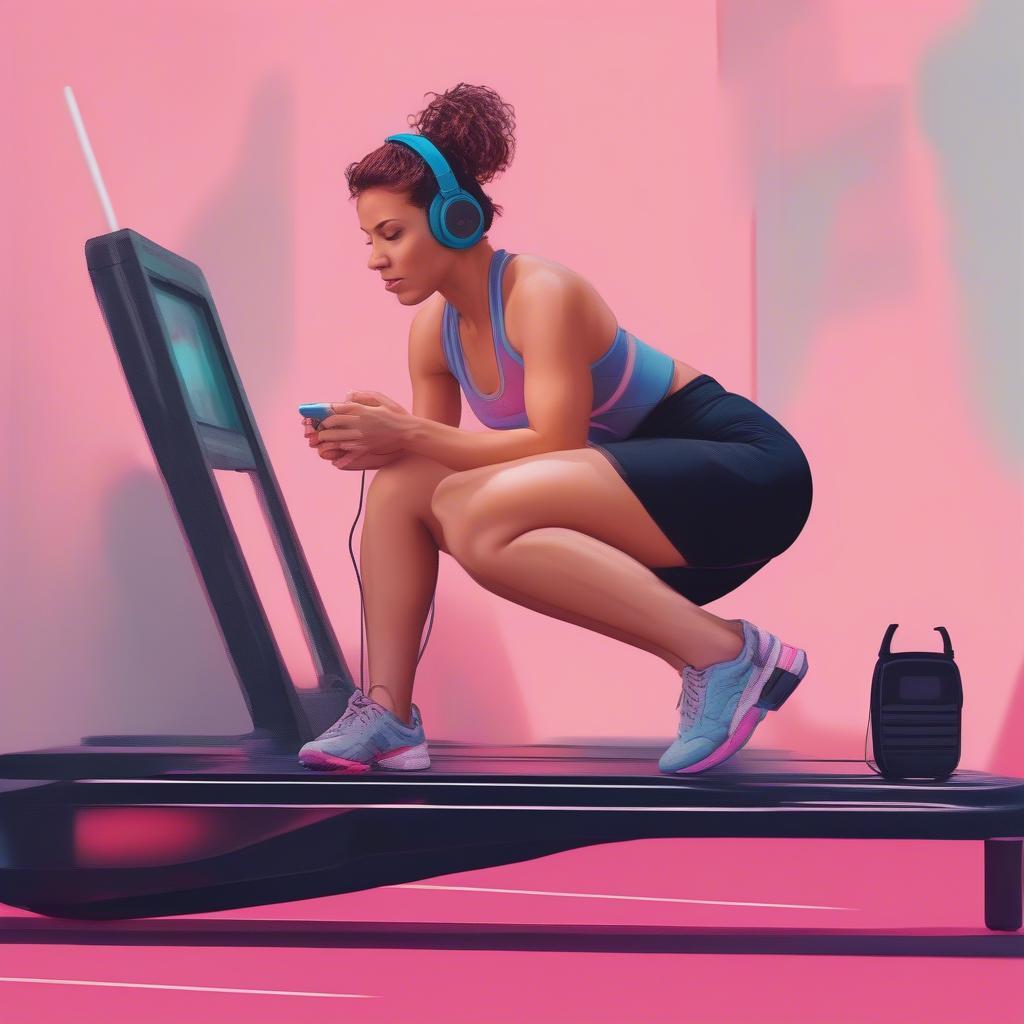 A woman in 80s workout attire listens to music on a Walkman while using a step platform.