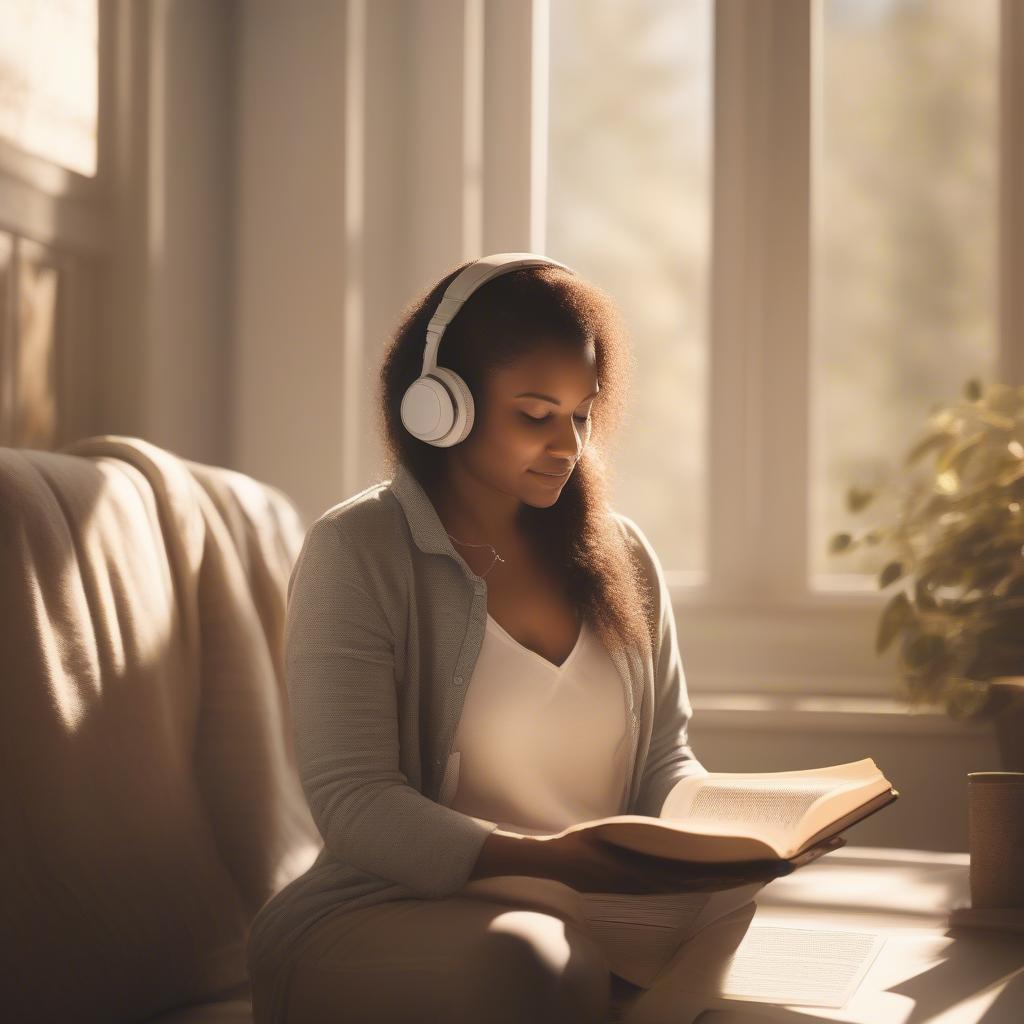 A woman finding solace and connection with God by reading the Bible and listening to worship music.