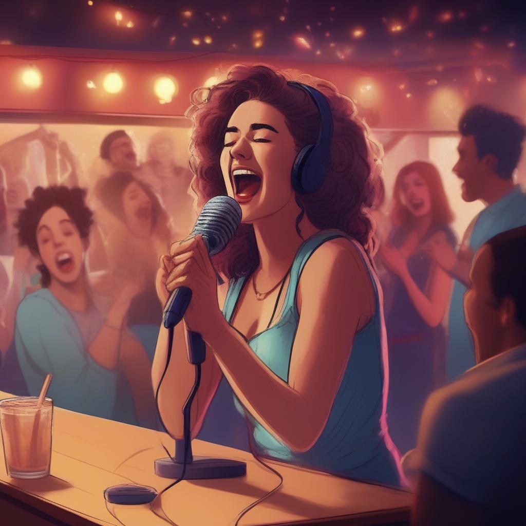 Woman singing karaoke after a breakup