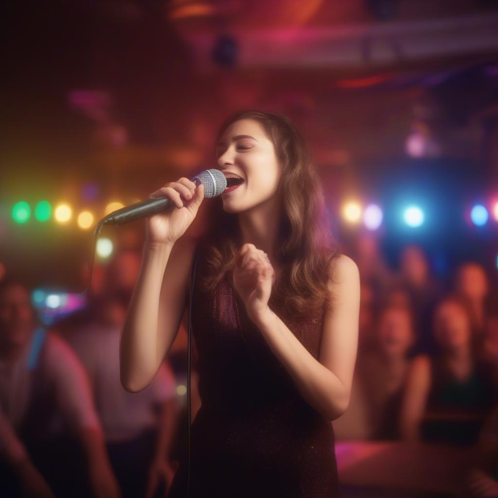 Woman Singing Karaoke on Stage