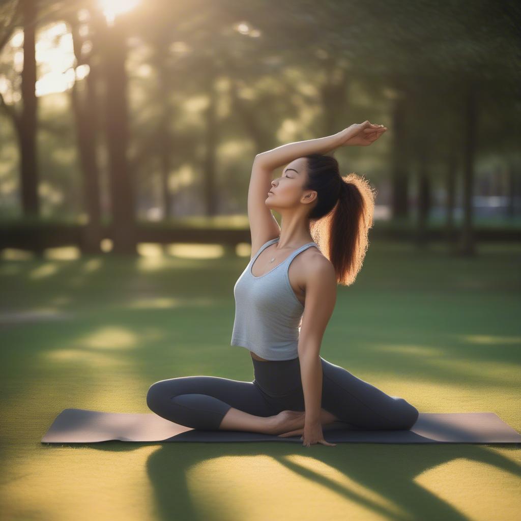 Woman stretching during cool-down with relaxing music, showcasing the importance of varied music for different workout stages.