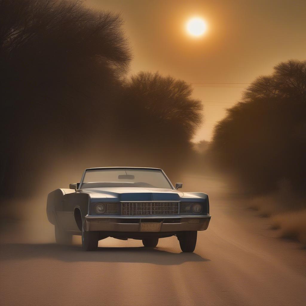 ZZ Top Lyrics: Influence of Texas Blues - Image depicts a dusty Texas road with a vintage car driving into the sunset, symbolizing the band's connection to Texas blues music.