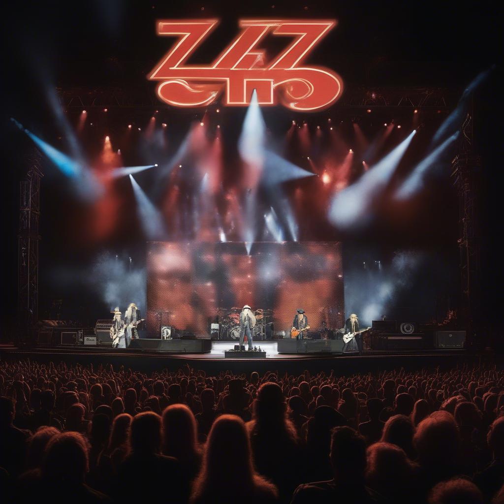 ZZ Top performing live in a large concert venue