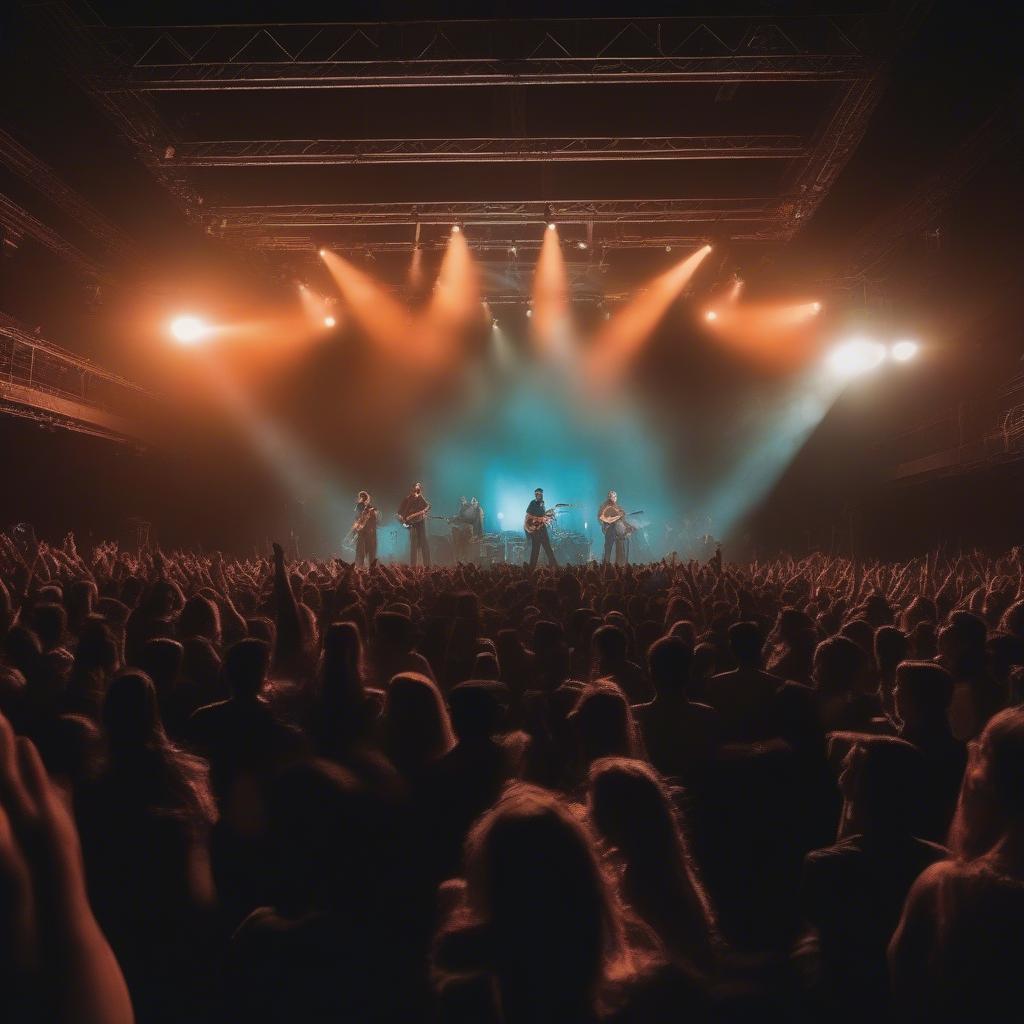 A crowded concert venue with people cheering and a band performing on stage.