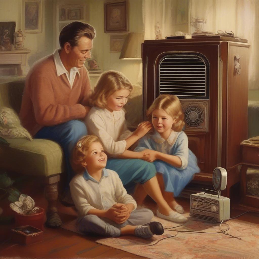 Family Listening to the Radio: A family gathered around a radio console in their living room, listening intently to a music program.