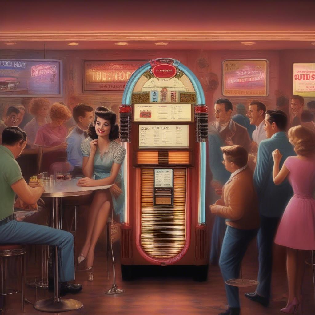 1962 Jukebox: A classic jukebox illuminating the titles of popular songs from 1962, representing the social and cultural impact of music in that era.