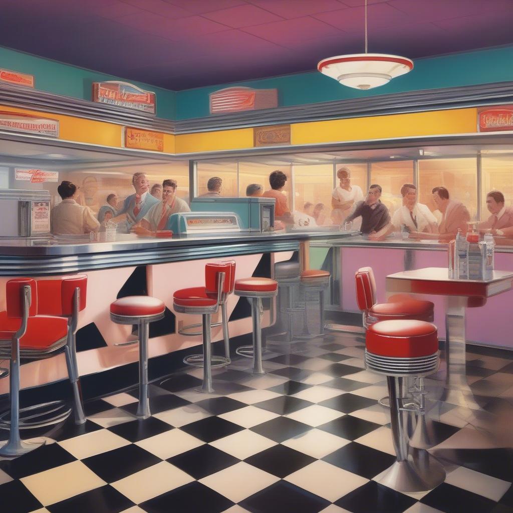 A classic 1963 diner with a jukebox playing the top hits