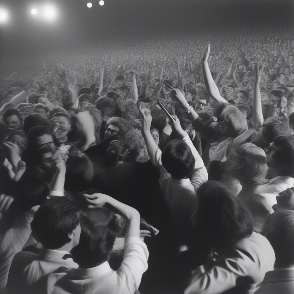 A vibrant concert scene from 1967 with fans enjoying the top songs of the year.